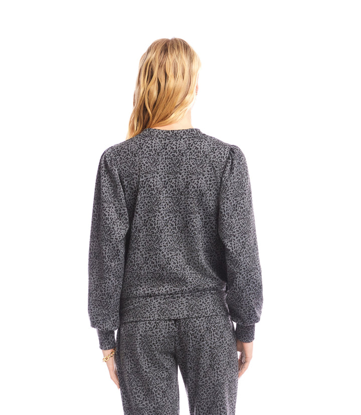 Animal Print Puff Sleeve V-Neck Sweatshirt