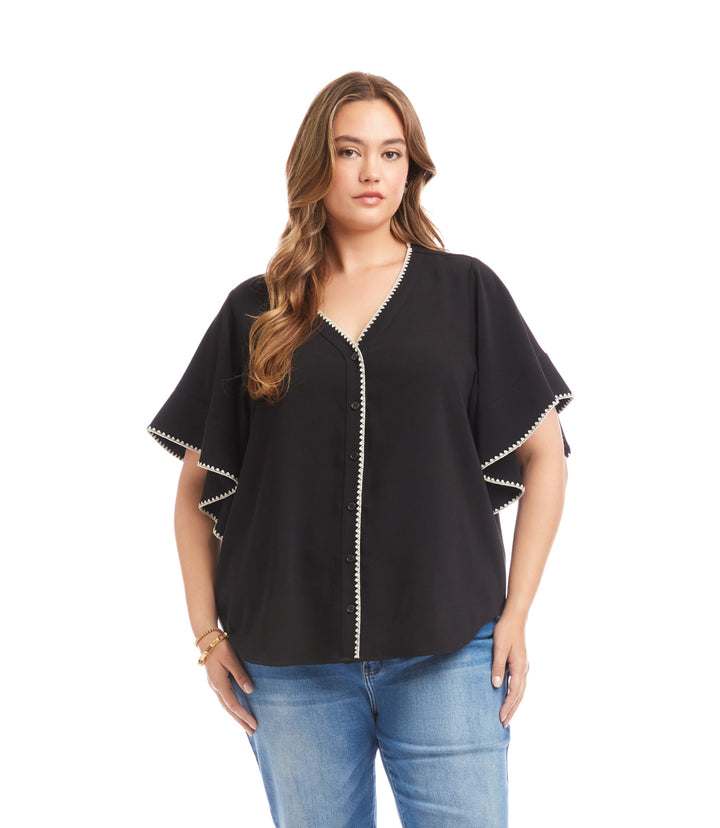 Plus Size Flutter Sleeve Edge Stitch Top