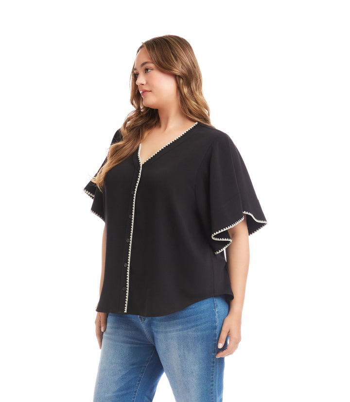 Plus Size Flutter Sleeve Edge Stitch Top