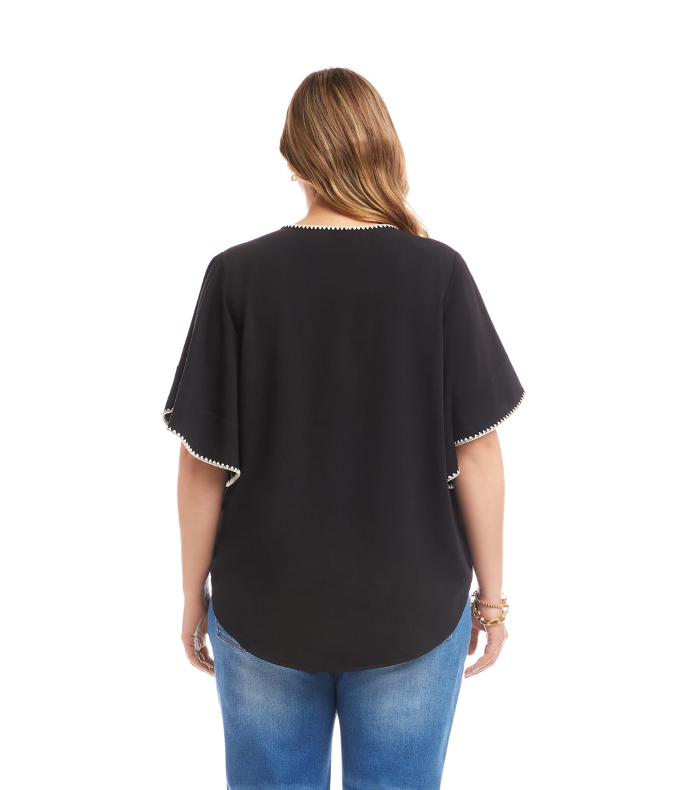 Plus Size Flutter Sleeve Edge Stitch Top