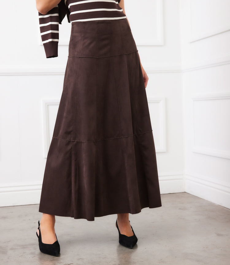 Brown Tiered Faux Suede Midi Skirt | Karen Kane Brown Tiered Faux Suede Midi Skirt | Karen Kane