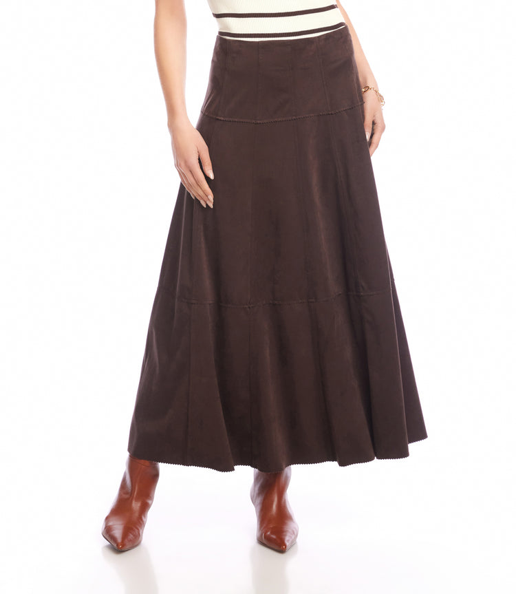 Brown Tiered Faux Suede Midi Skirt | Karen Kane