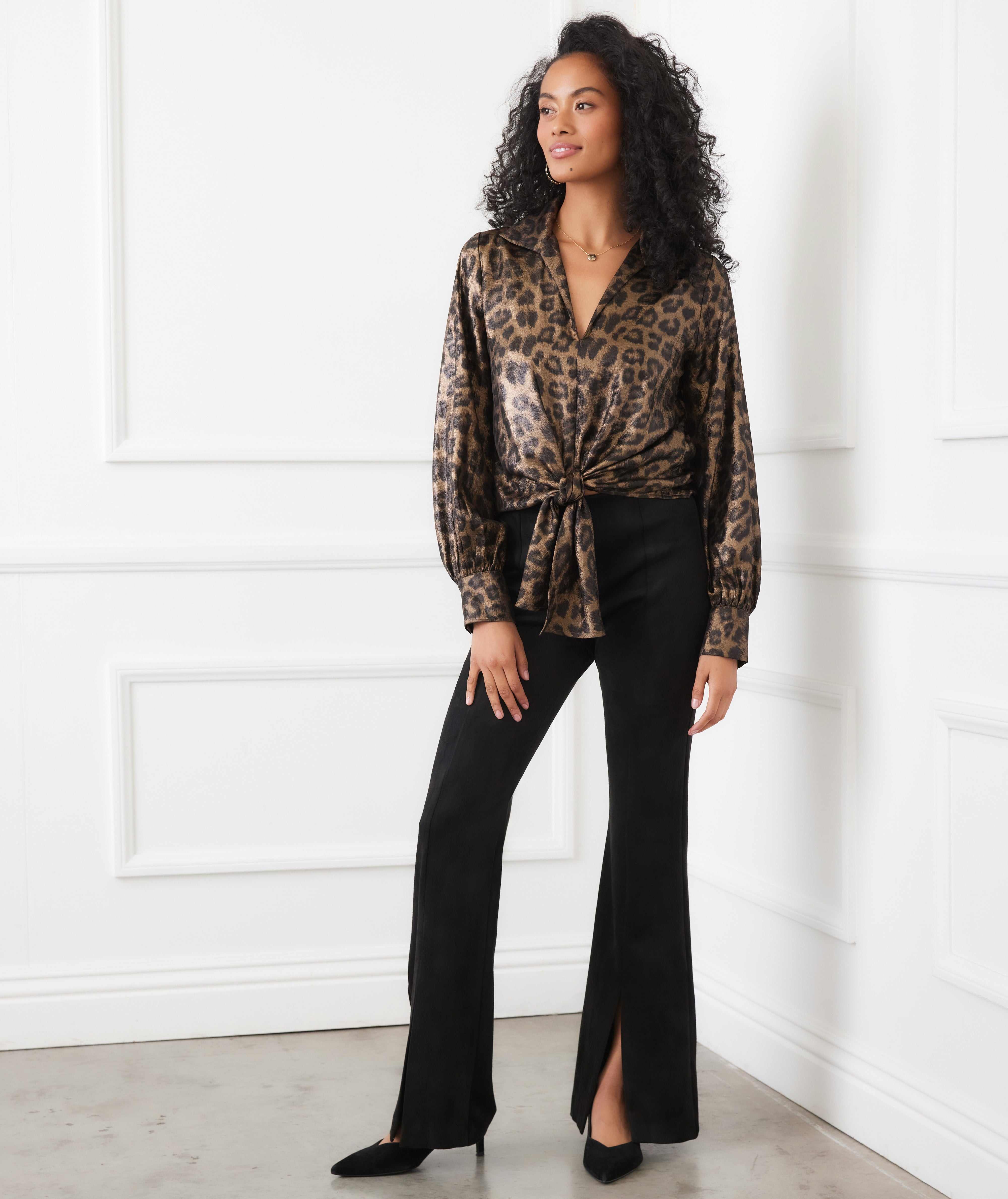 Long Sleeve Tie-Front Top - Elegant Shimmer Animal Print Shirt