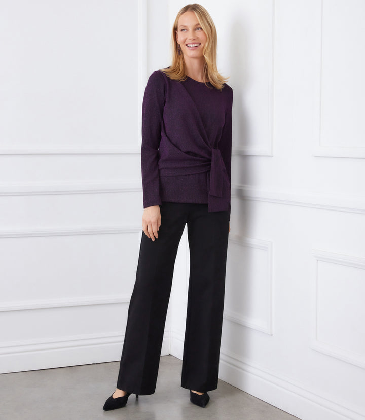 Petite Size Long Sleeve Metallic Knit Side-Tie Top