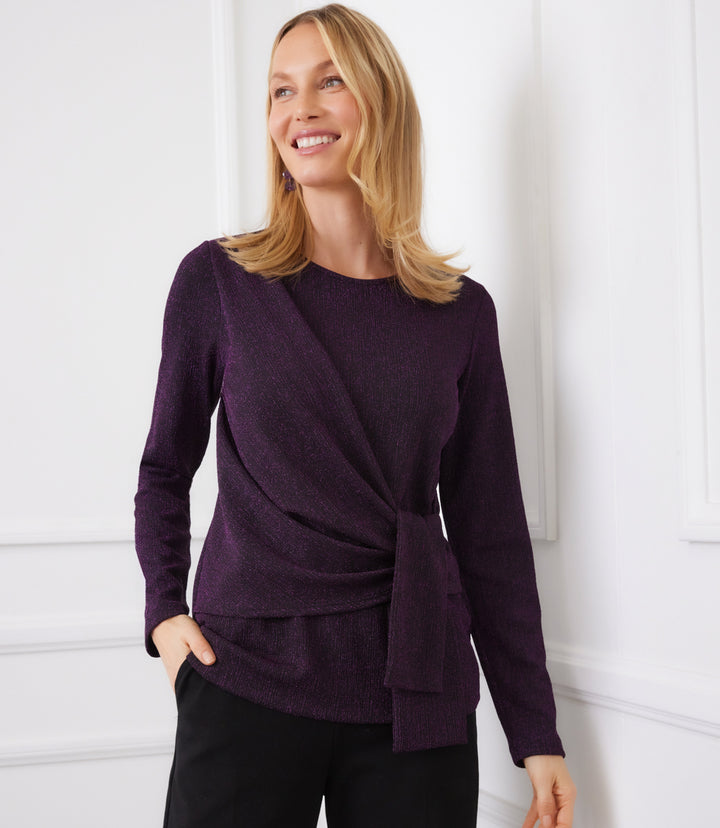 Petite Size Long Sleeve Metallic Knit Side-Tie Top