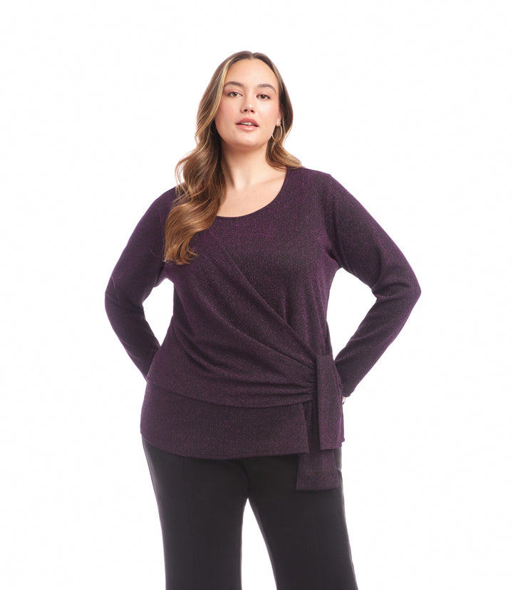 Plus Size Long Sleeve Metallic Knit Side-Tie Top