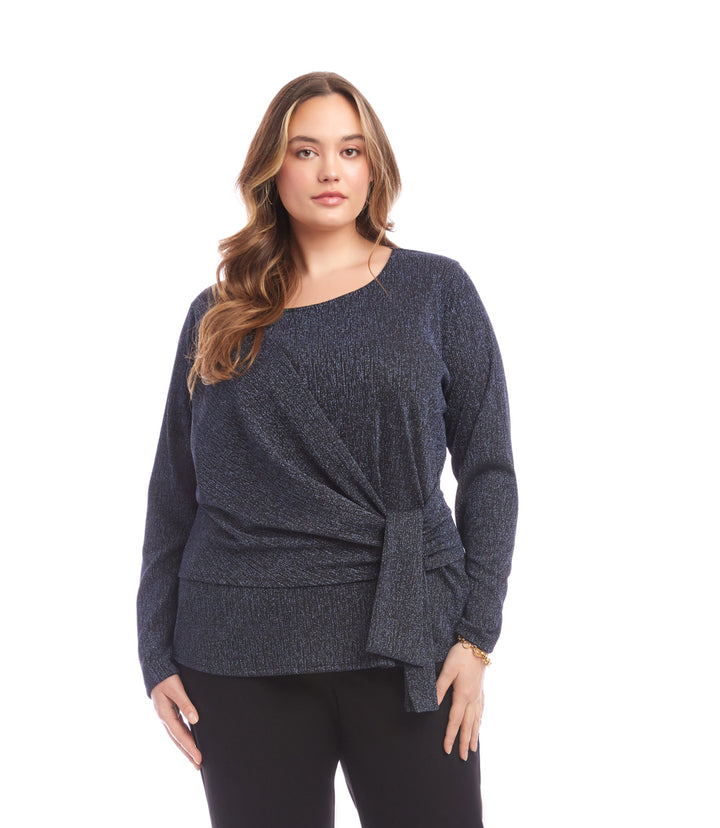 Plus Size Long Sleeve Metallic Knit Side-Tie Top