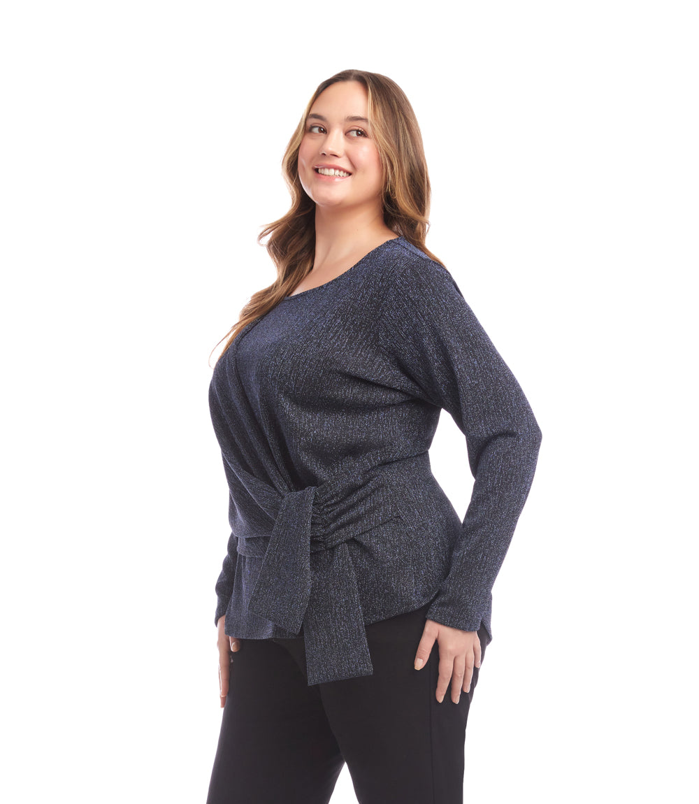 Plus Size Long Sleeve Metallic Knit Side-Tie Top