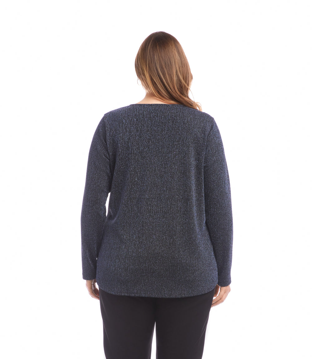 Plus Size Long Sleeve Metallic Knit Side-Tie Top
