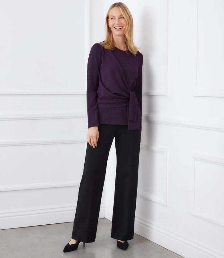 Long Sleeve Metallic Knit Side-Tie Top