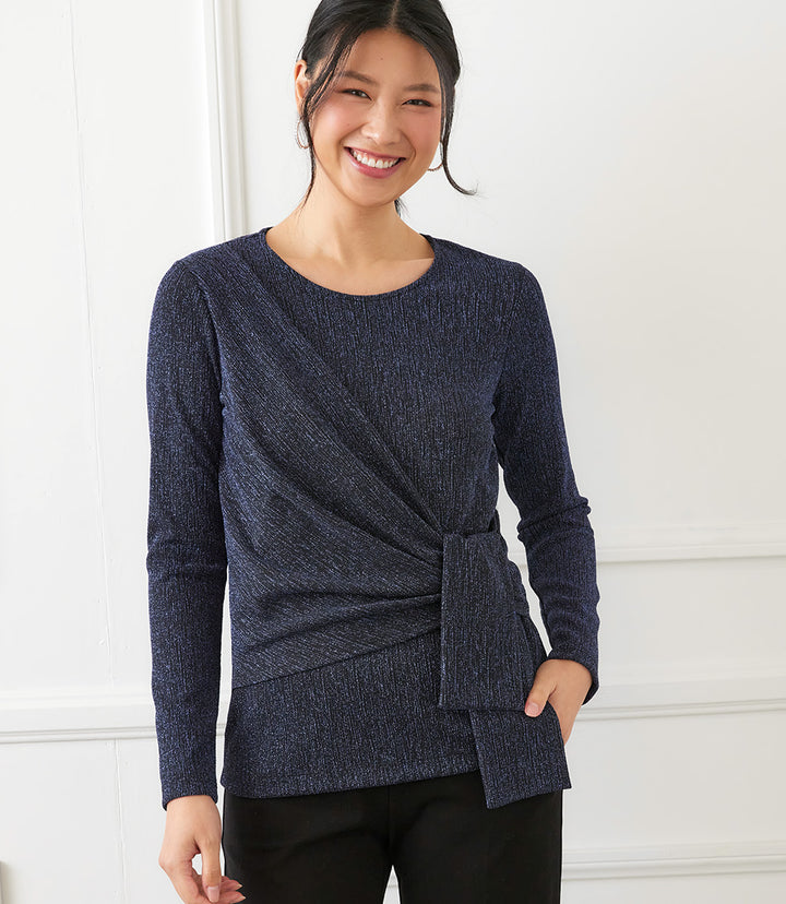 Long Sleeve Metallic Knit Side-Tie Top