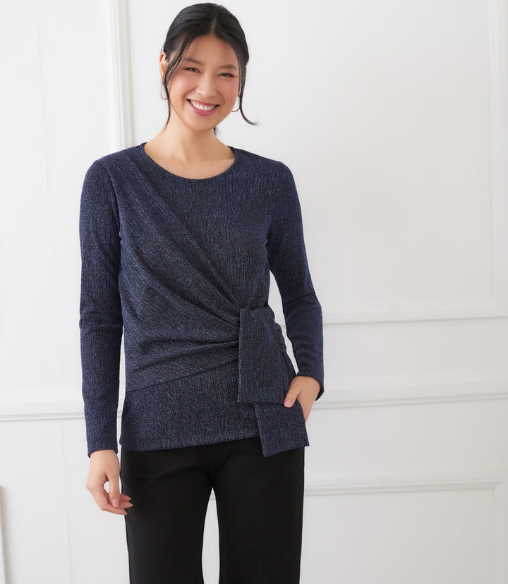 Long Sleeve Metallic Knit Side-Tie Top