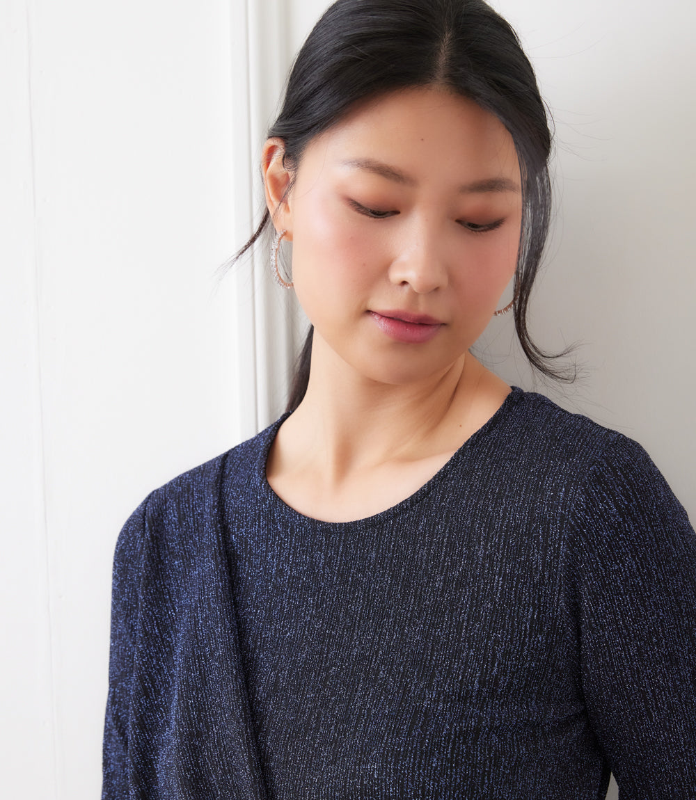 Long Sleeve Metallic Knit Side-Tie Top