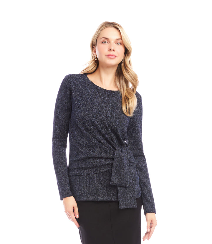Long Sleeve Metallic Knit Side-Tie Top