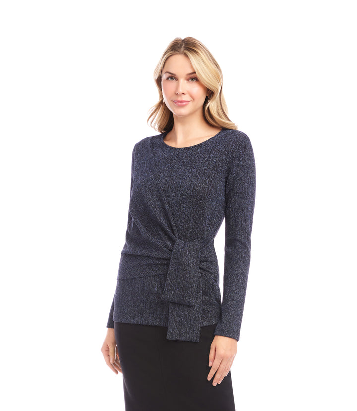 Long Sleeve Metallic Knit Side-Tie Top