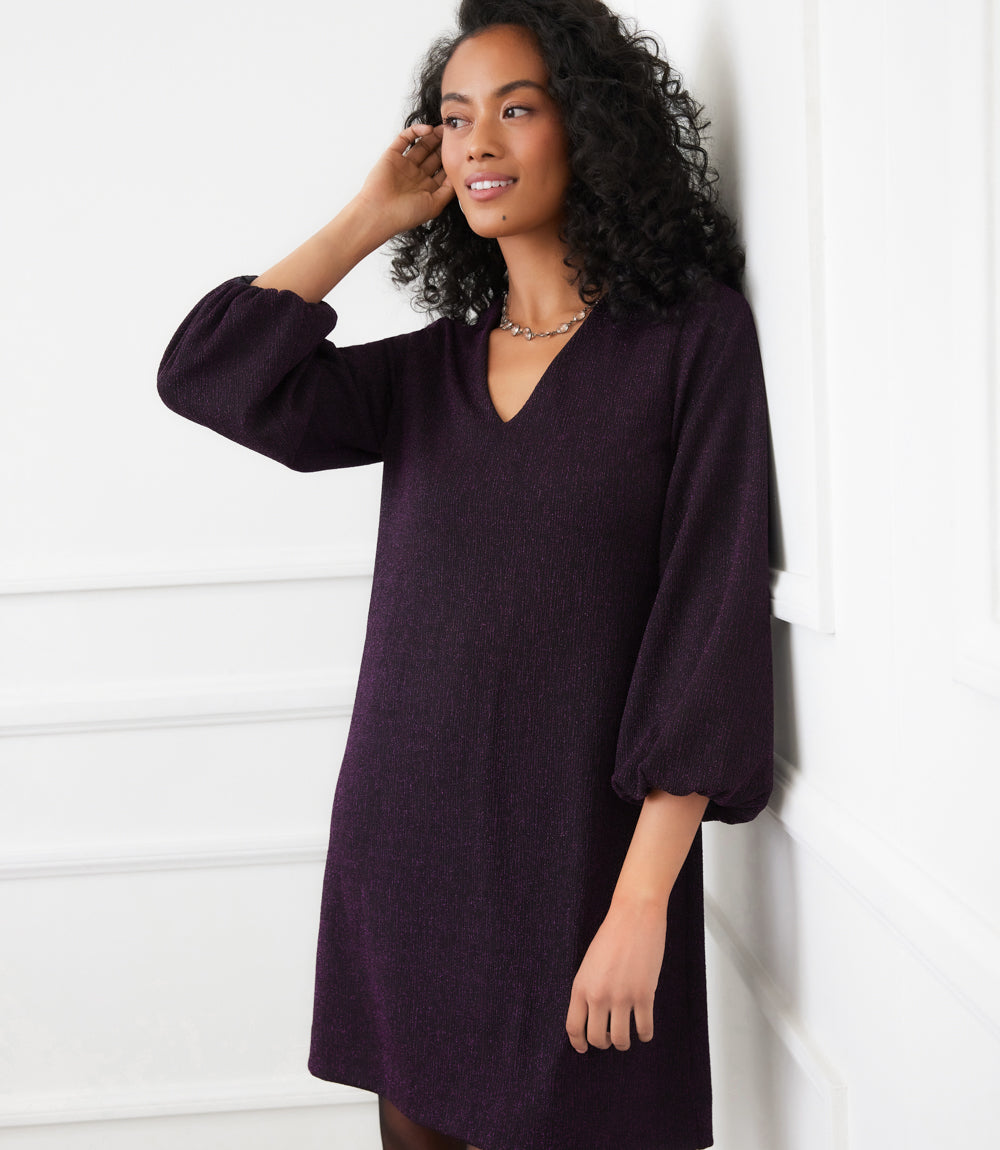 Blouson Sleeve Metallic Knit V-Neck Dress