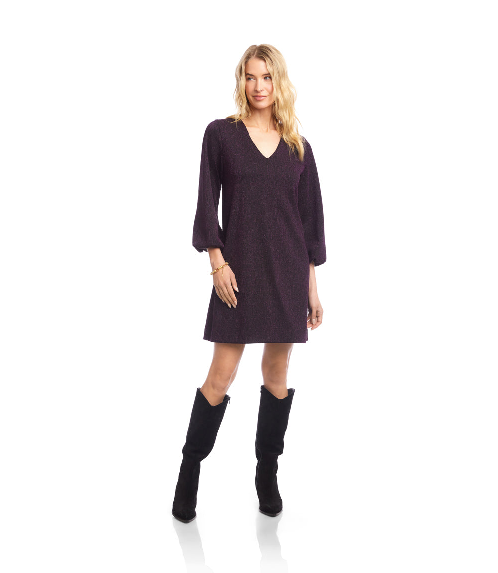 Blouson Sleeve Metallic Knit V-Neck Dress