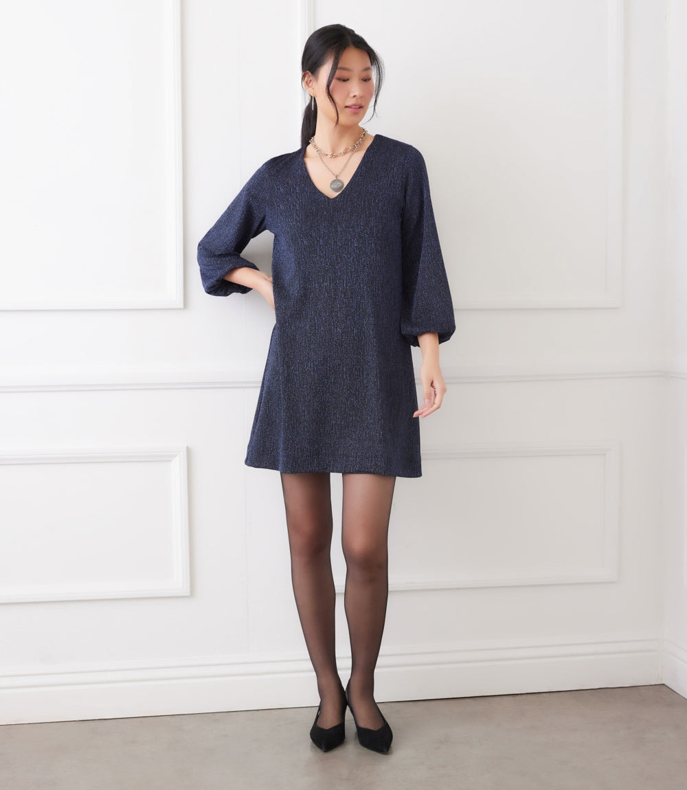 Blouson Sleeve Metallic Knit V-Neck Dress