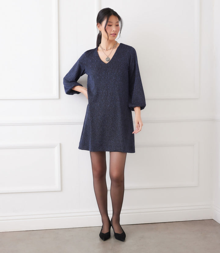Blouson Sleeve Metallic Knit V-Neck Dress