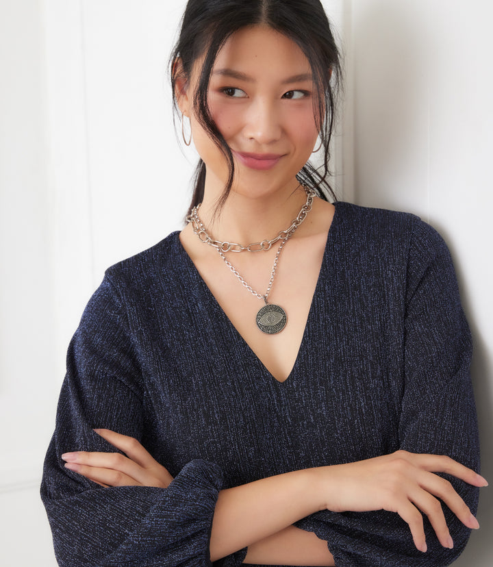 Blouson Sleeve Metallic Knit V-Neck Dress