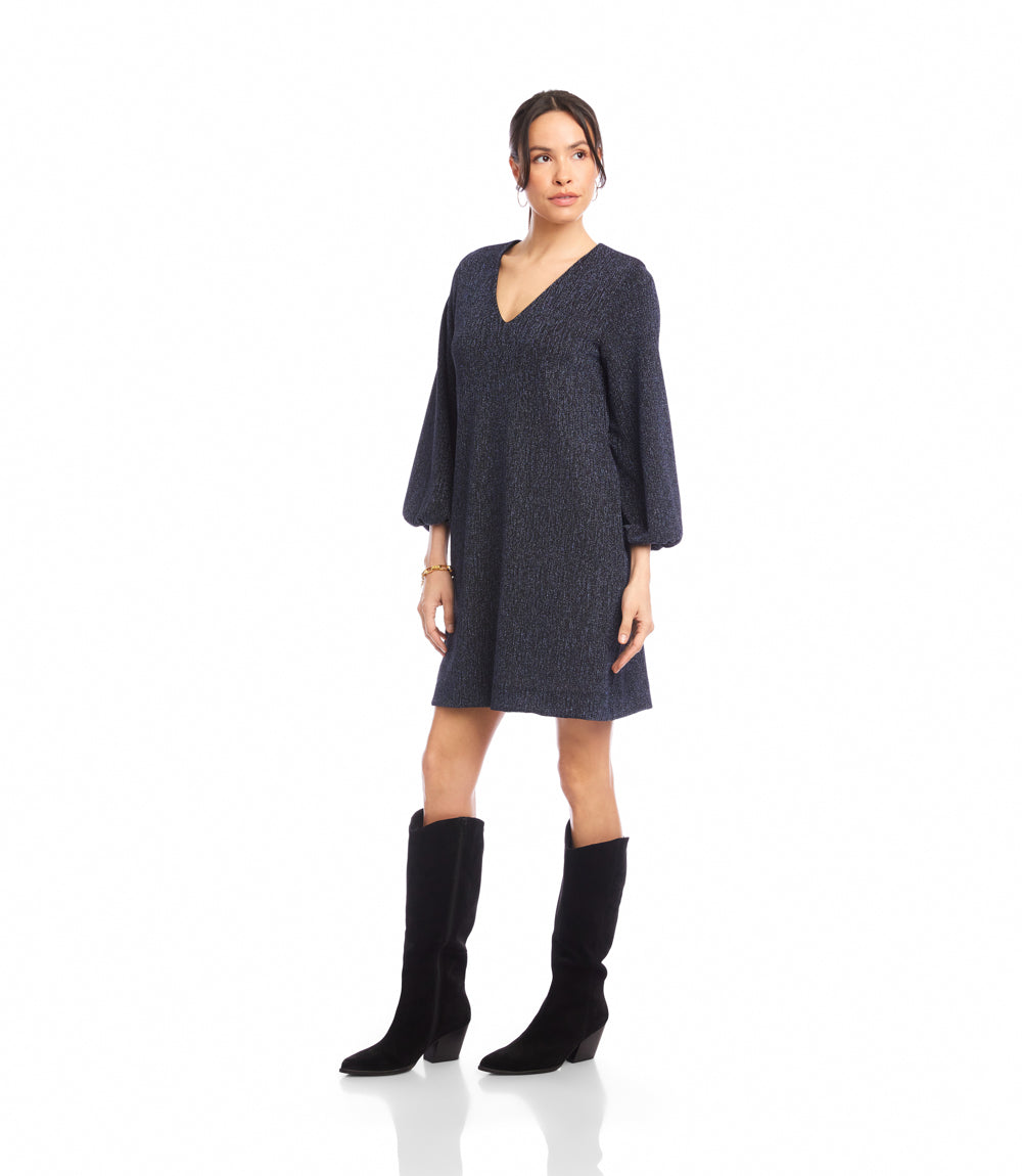 Blouson Sleeve Metallic Knit V-Neck Dress