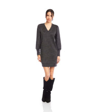 Chic Puff Sleeve V-Neck Dress in soft lurex knit fabric with long puff sleeves and relaxed fit