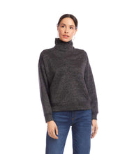 Petite size long sleeve faux wrap turtleneck top with fold-over collar and relaxed fit