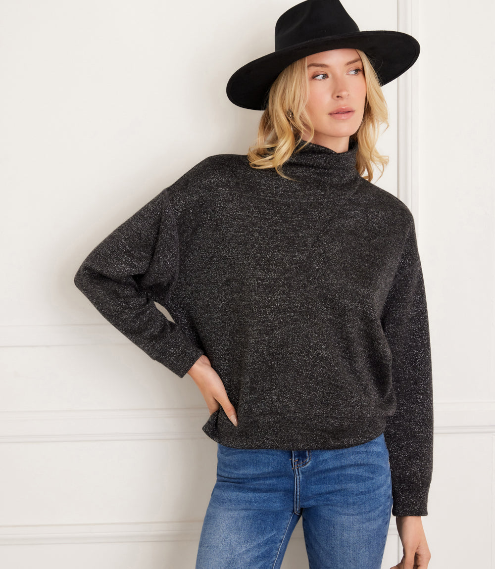 Petite Size Long Sleeve Faux Wrap Turtleneck Top