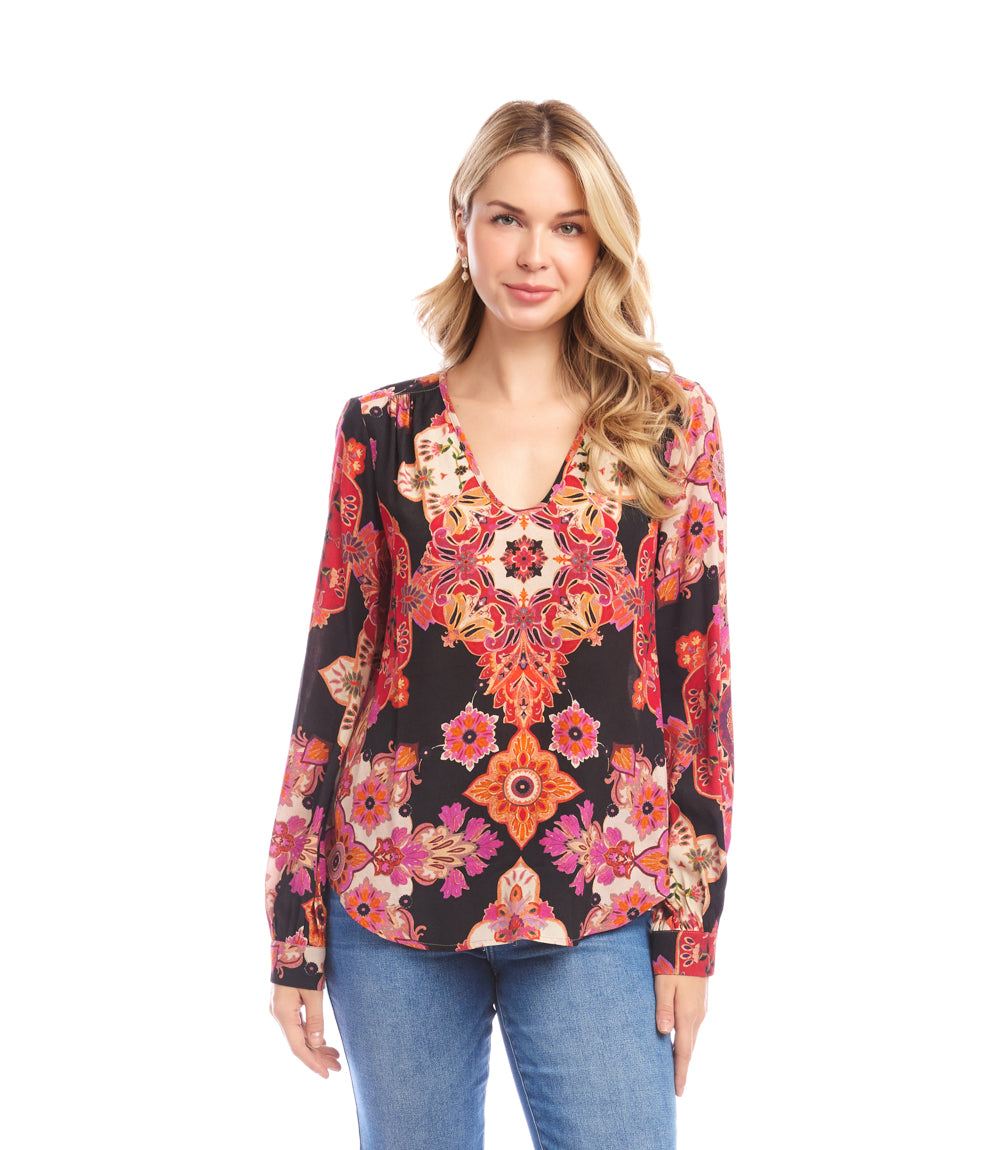 Petite Size Long Sleeve Shirred Blouse