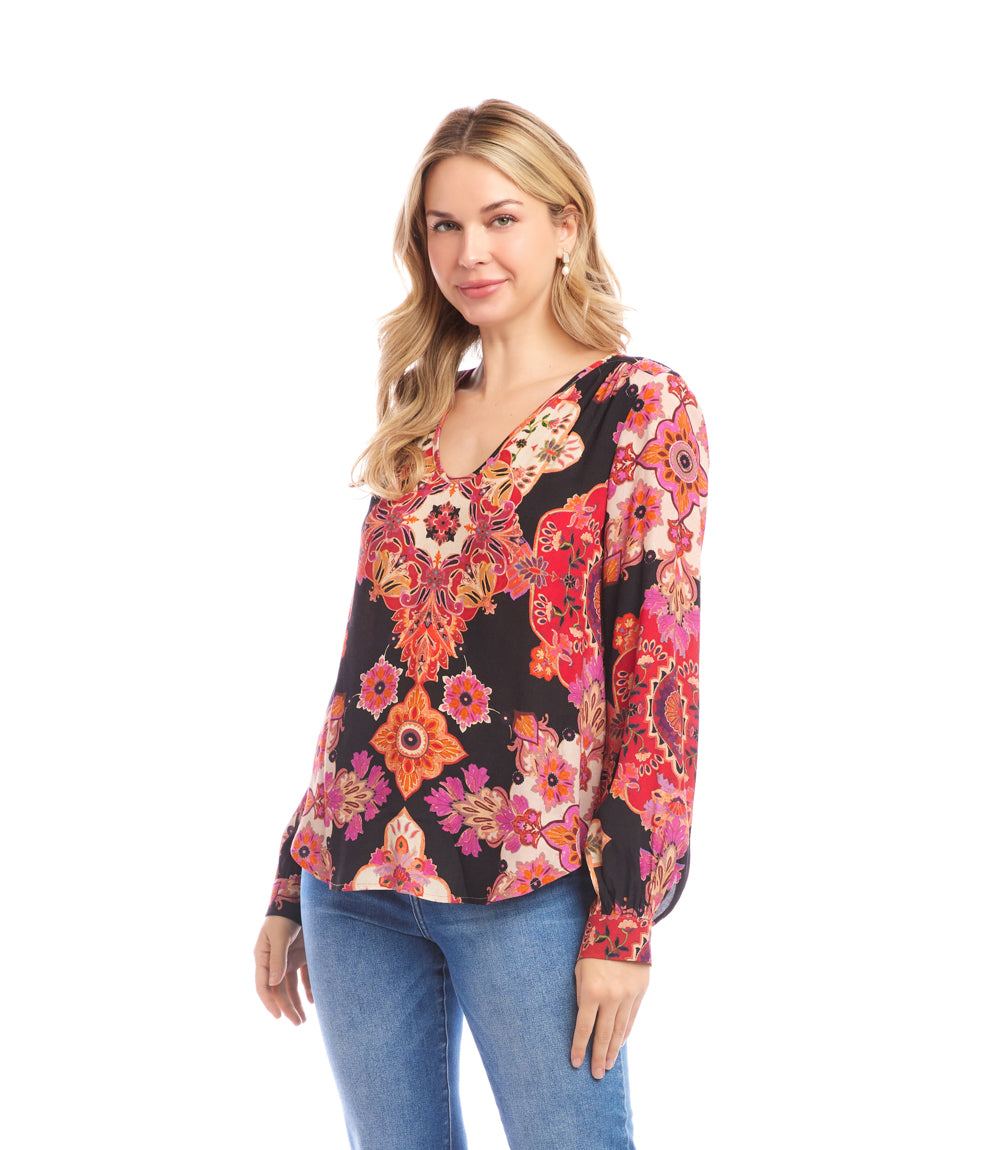 Petite Size Long Sleeve Shirred Blouse