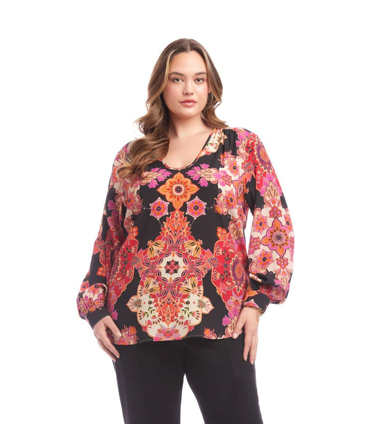 Plus size long sleeve blouse with u-neck and red floral medallion print on black background