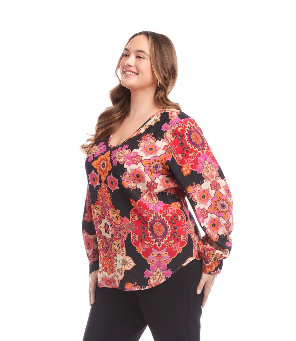 Plus Size Long Sleeve Shirred Blouse