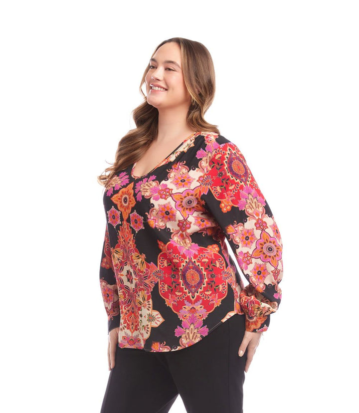 Plus Size Long Sleeve Shirred Blouse