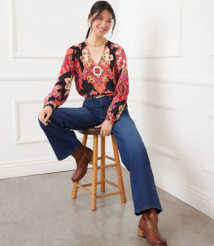 Petite Size Long Sleeve Shirred Blouse