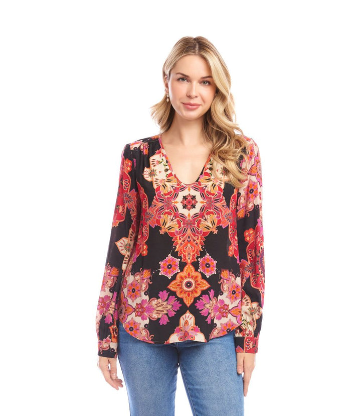 Long Sleeve Shirred Blouse