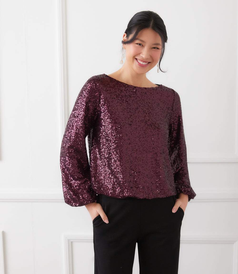 Blouson Sleeve Sequin Boatneck Top