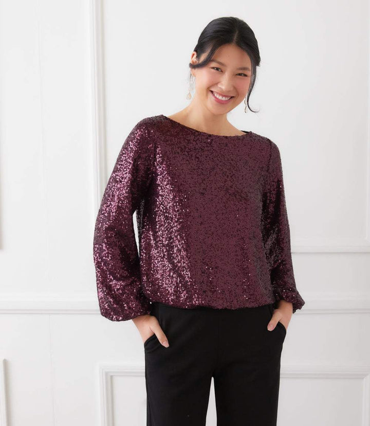 Blouson Sleeve Sequin Boatneck Top