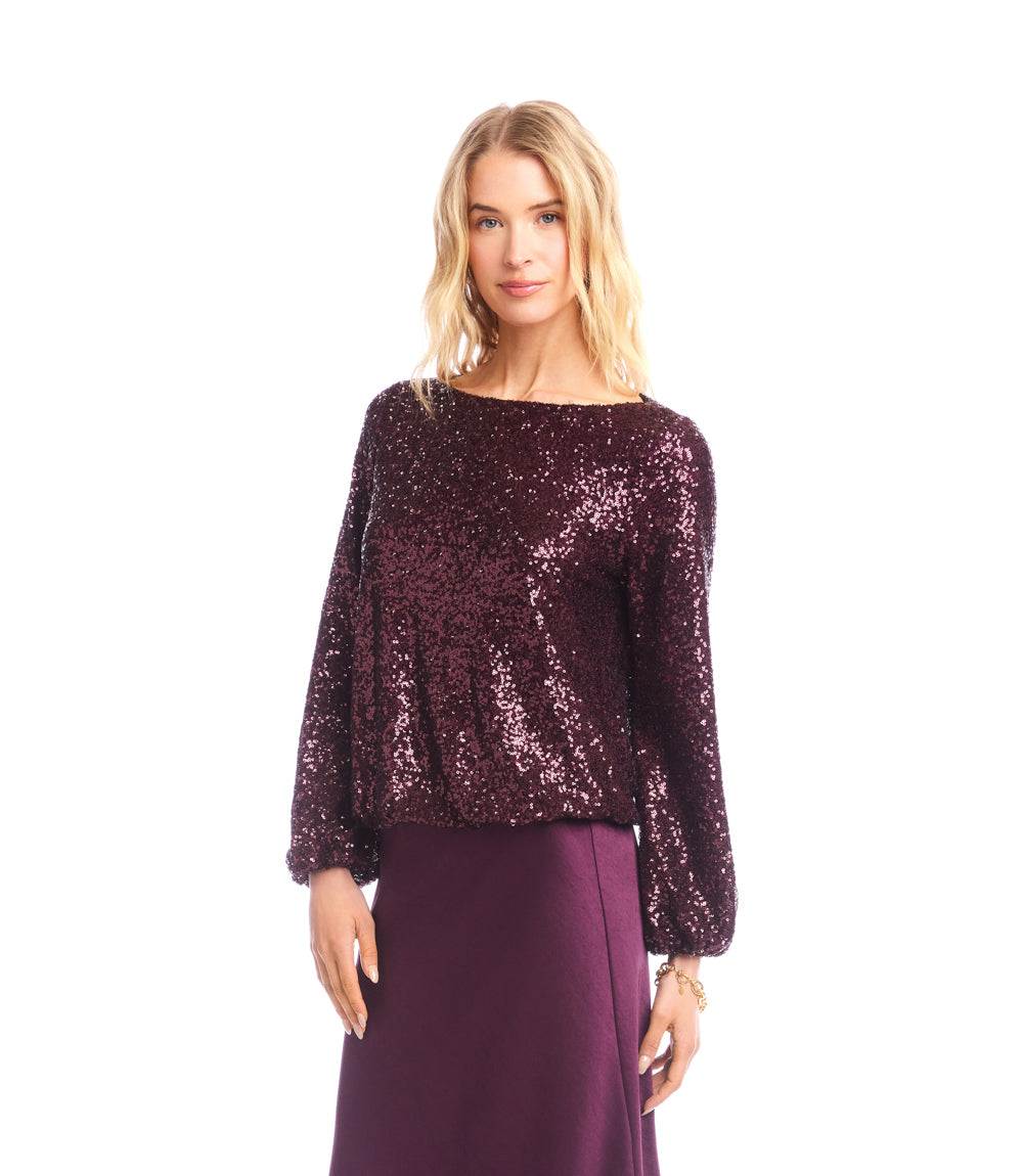 Blouson Sleeve Sequin Boatneck Top