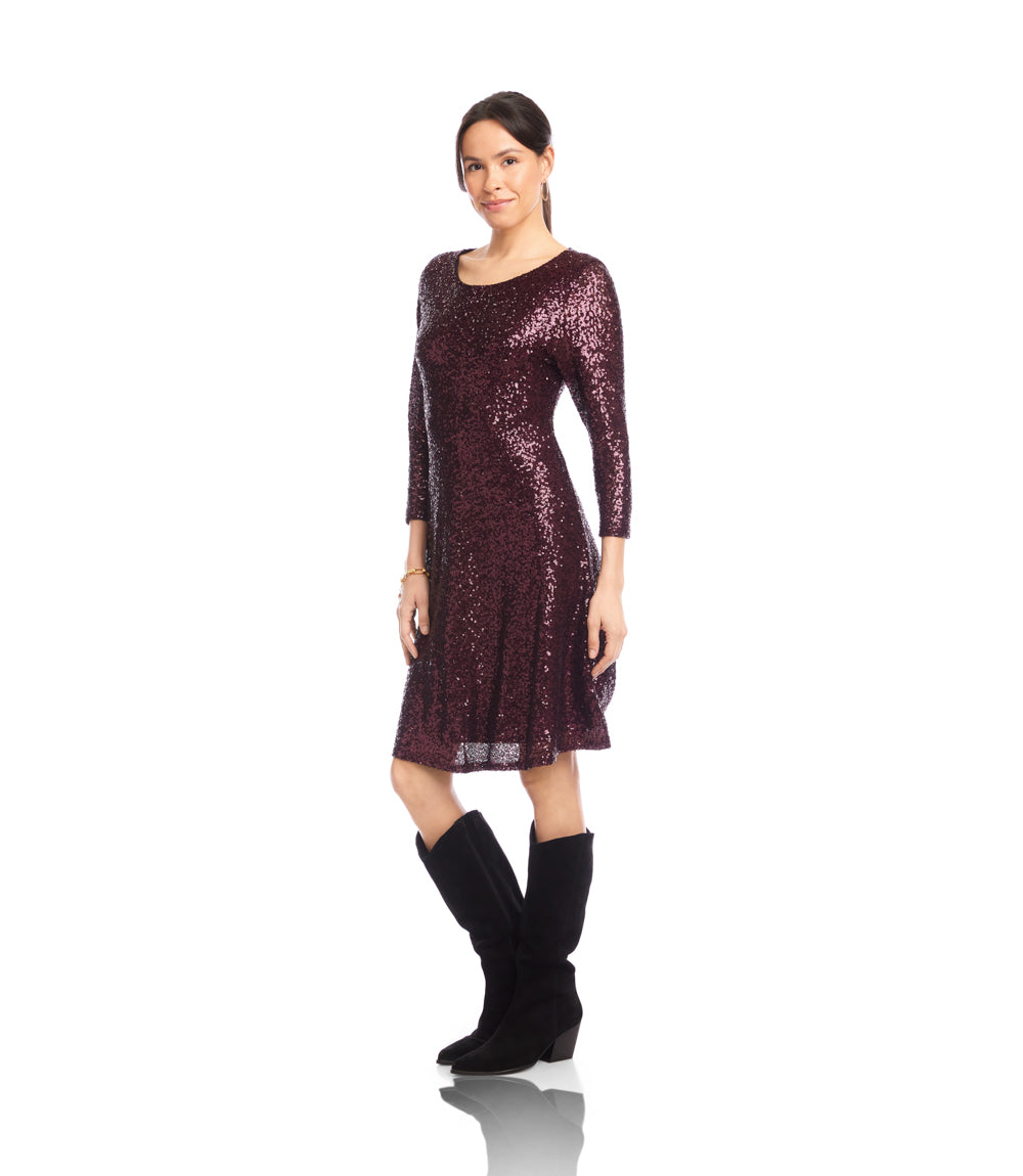 3/4 Sleeve Sequin Scoop Neck Fit & Flare Dress