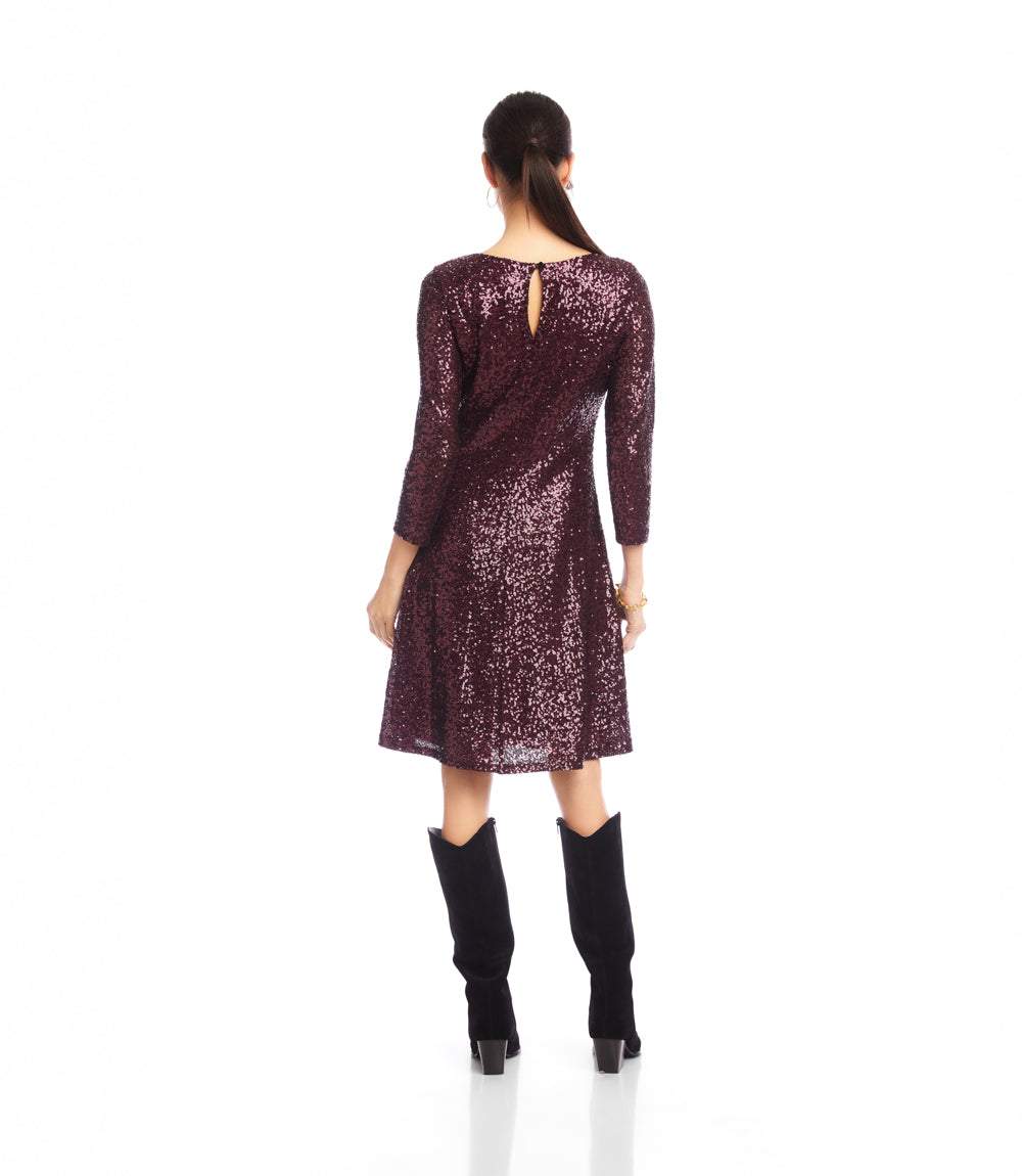 3/4 Sleeve Sequin Dress - Flattering Fit & Flare Design for Festive Occasions Karen Kane 3/4 Sleeve Sequin Dress - Flattering Fit & Flare Design for Festive Occasions Karen Kane