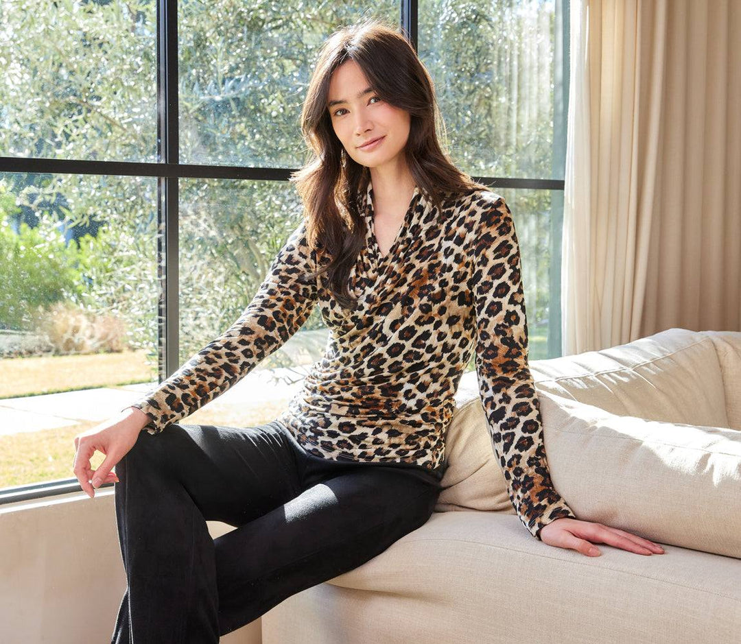 Petite Size Long Sleeve Crossover Side-Shirred Top