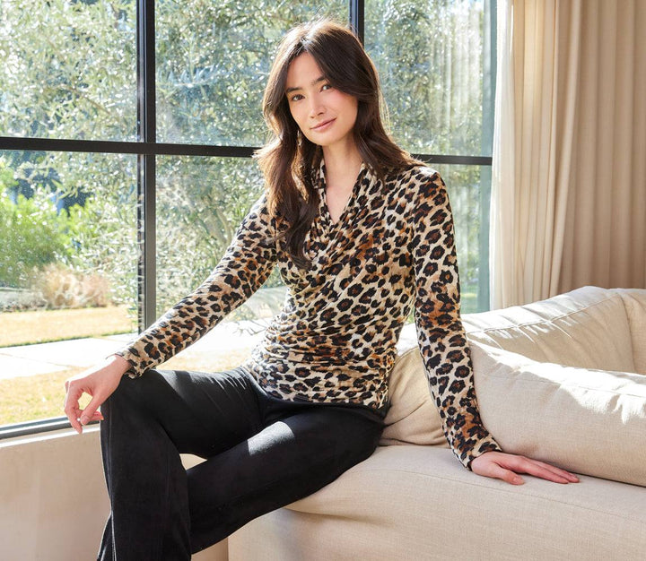 Petite Size Long Sleeve Crossover Side-Shirred Top