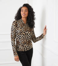 Petite size long sleeve animal print crossover top with side shirring and fitted silhouette