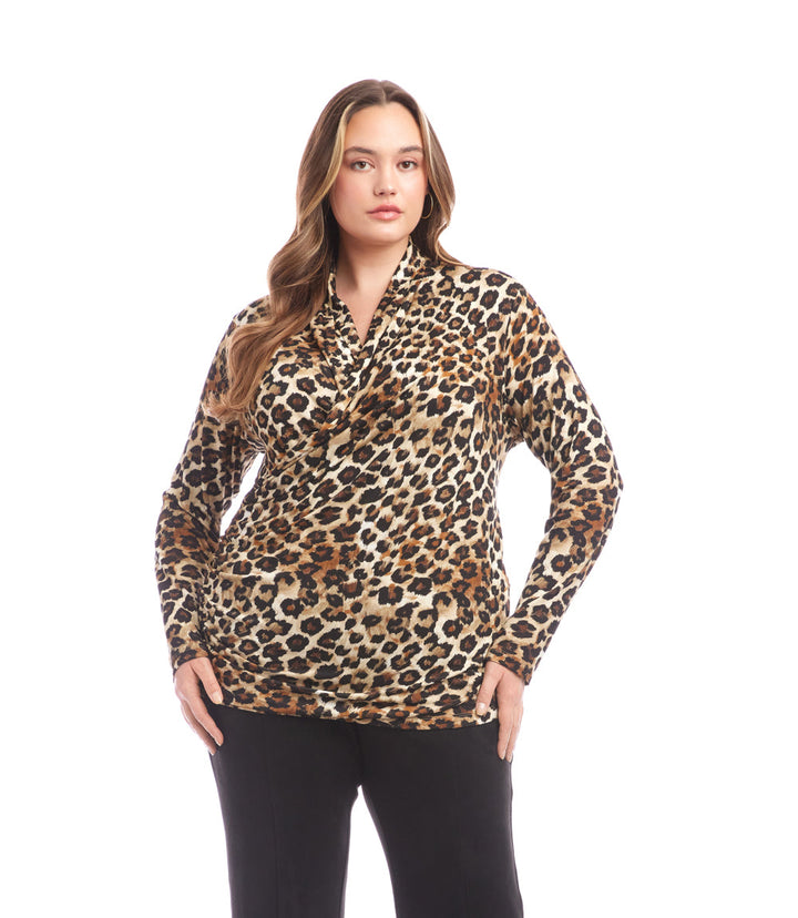 Plus size long sleeve animal print crossover side-shirred knit top