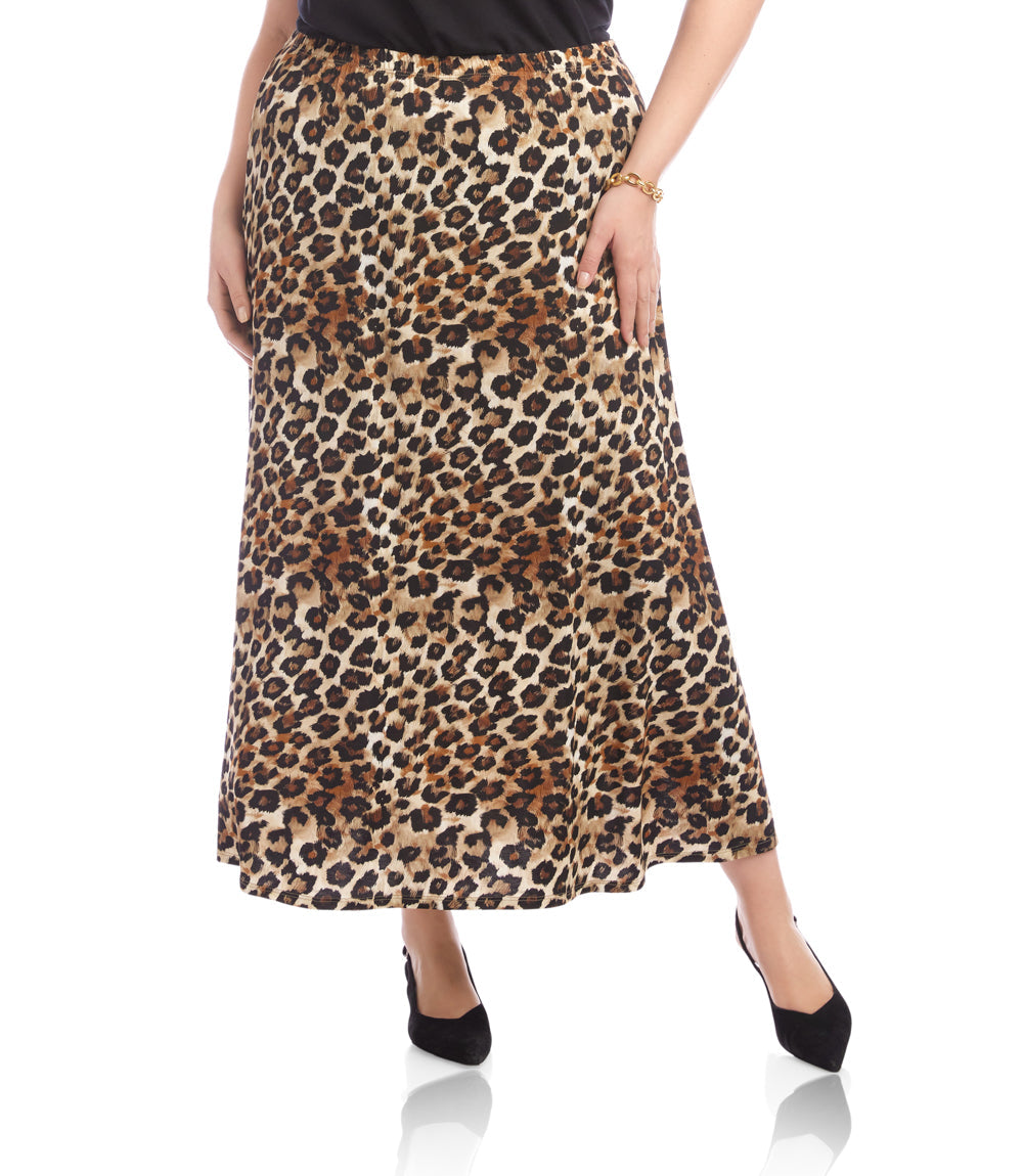 Plus size leopard print midi skirt with side slit and elastic waistband