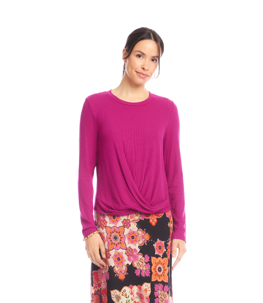 Ribbed Long Sleeve Drape Front Crossover Top