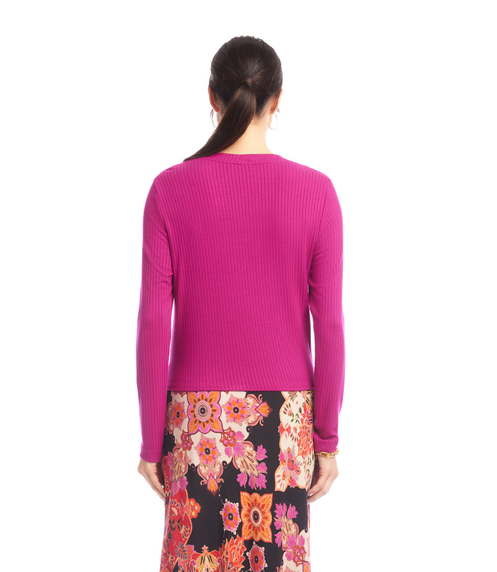 Ribbed Long Sleeve Drape Front Crossover Top