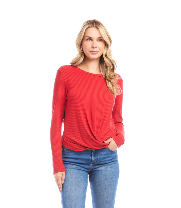 Ribbed Long Sleeve Drape Front Crossover Top