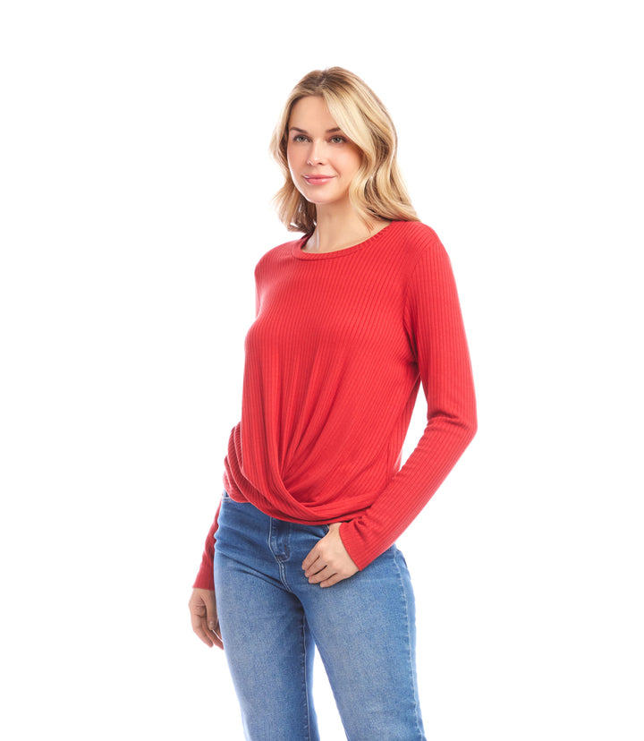 Ribbed Long Sleeve Drape Front Crossover Top