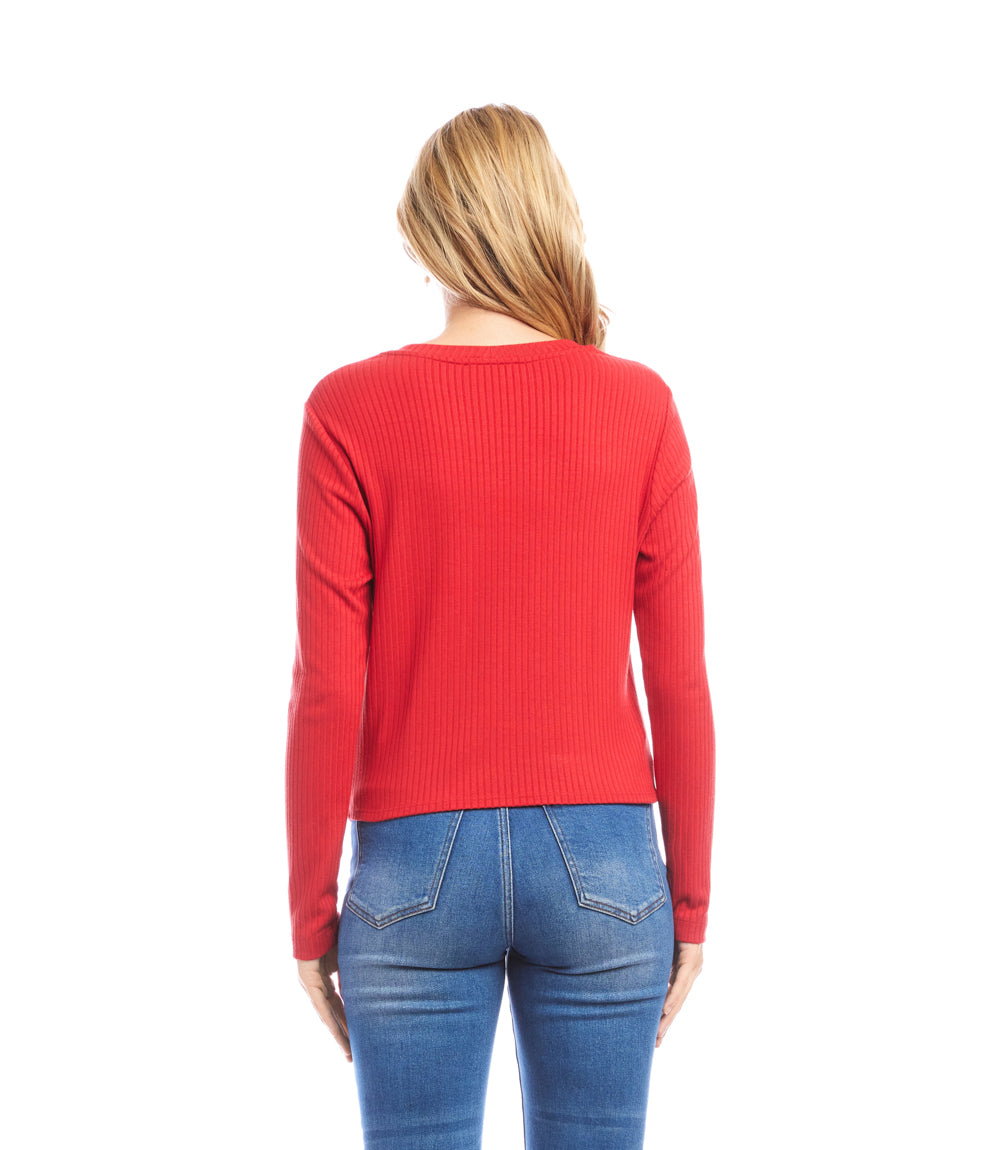 Ribbed Long Sleeve Drape Front Crossover Top